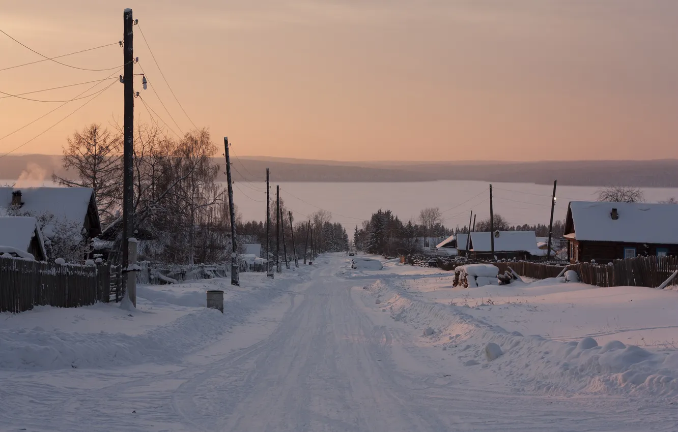 Photo wallpaper winter, sunset, the village, Siberia