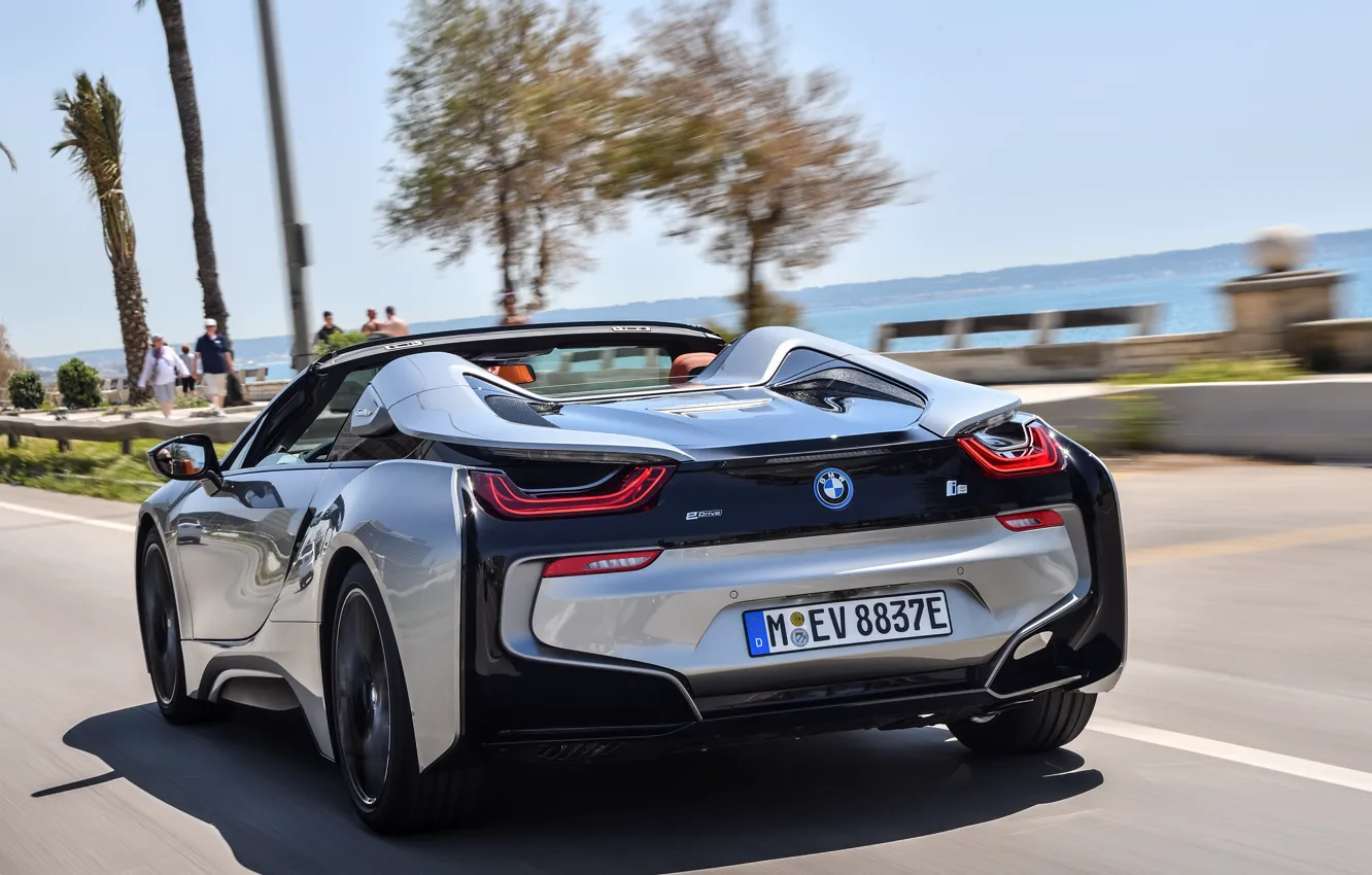 Photo wallpaper road, the sky, grey, movement, coast, BMW, Roadster, rear view