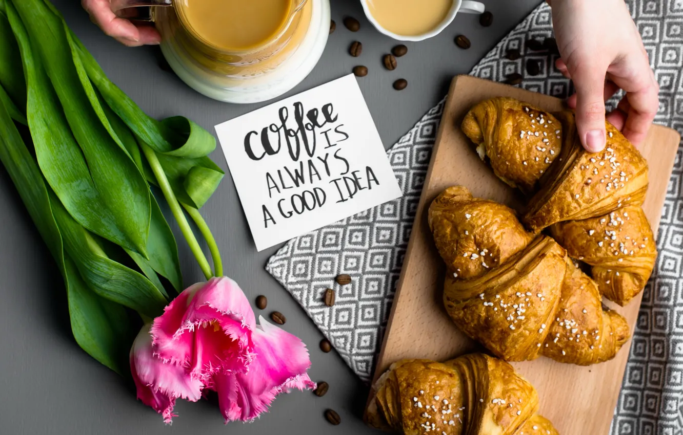 Photo wallpaper coffee, Breakfast, Cup, tulips, pink, cup, tulips, coffee
