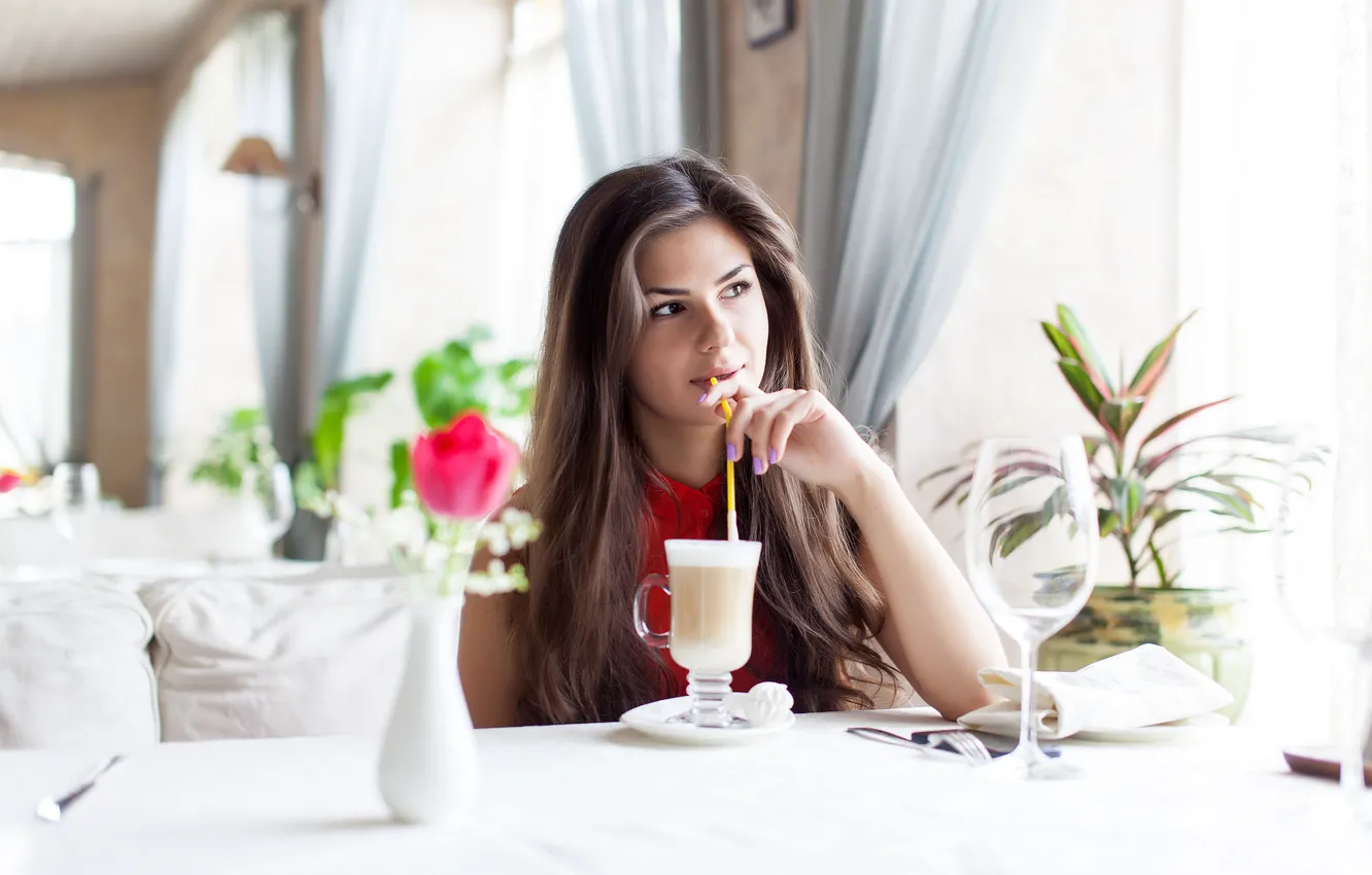 Photo wallpaper girl, glass, cocktail, brown hair, table