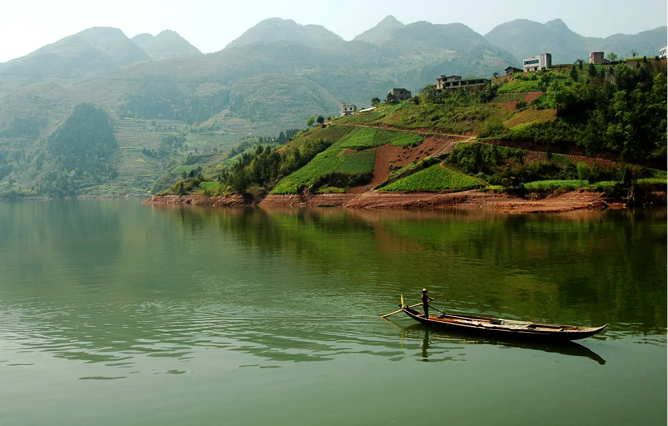 Photo wallpaper field, landscape, mountains, river, the boatman