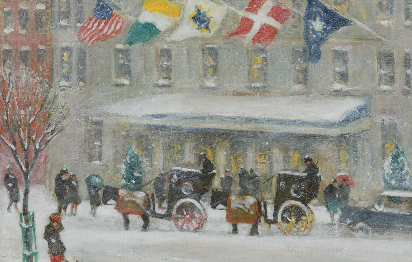 Photo wallpaper winter, snow, picture, flag, the urban landscape, Guy Carleton Wiggins, The Plaza Hotel