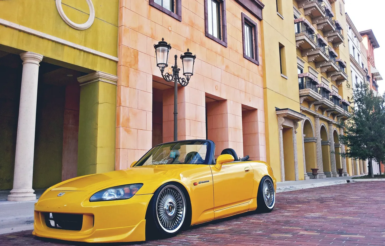 Photo wallpaper yellow, the city, convertible, Honda, S2000