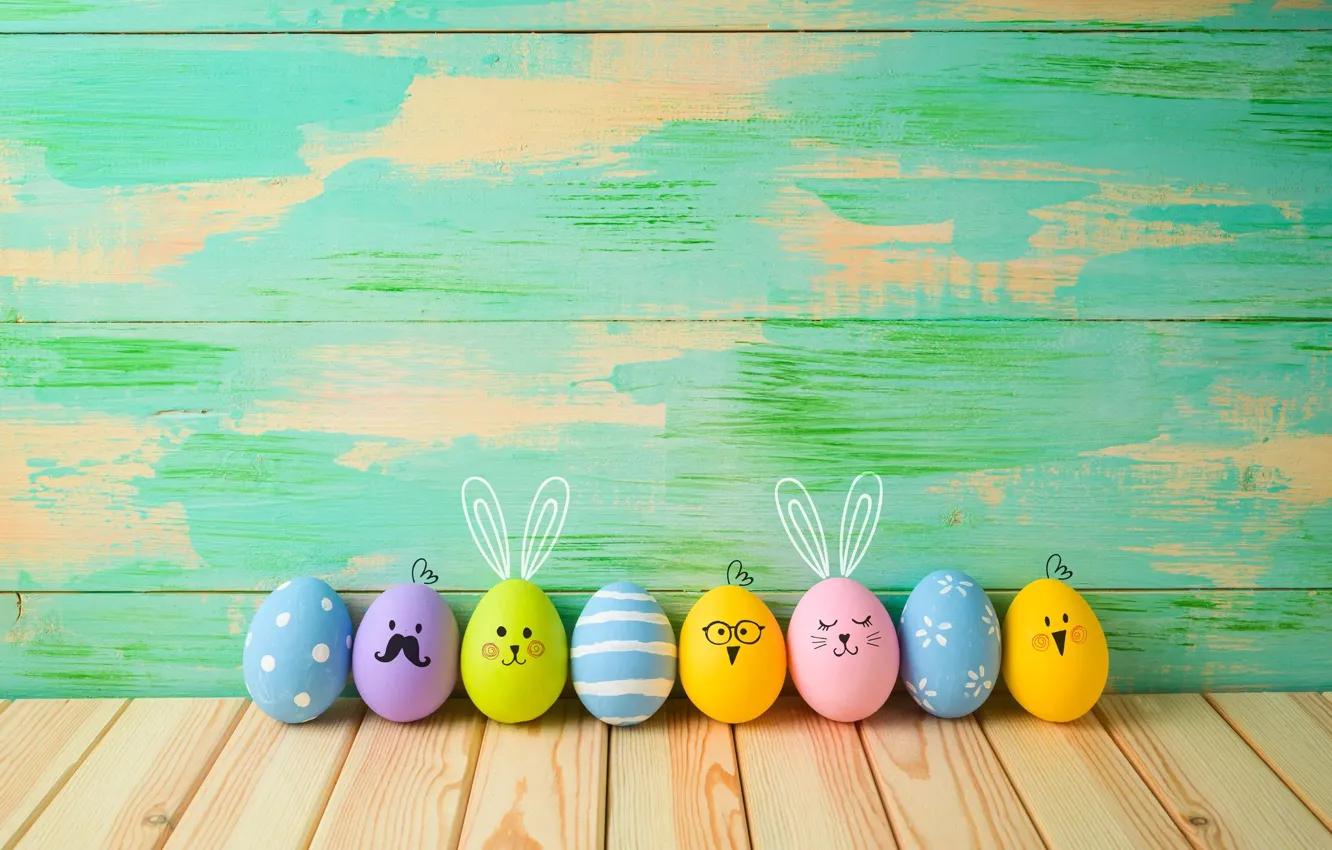 Photo wallpaper Board, chickens, eggs, Easter, rabbits, colorful, ears, painting
