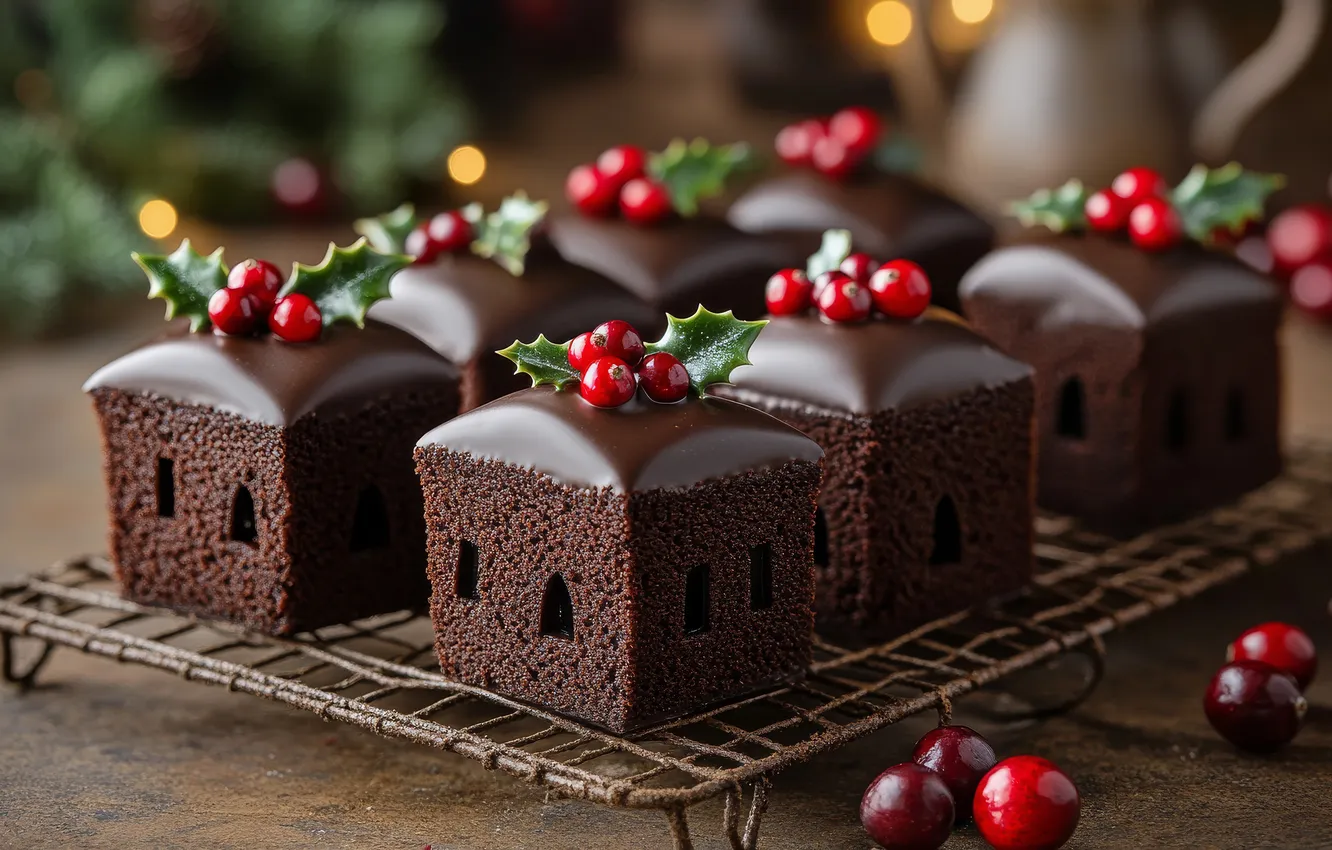 Photo wallpaper berries, house, a lot, dessert, chocolate, cupcakes, Holly, AI art