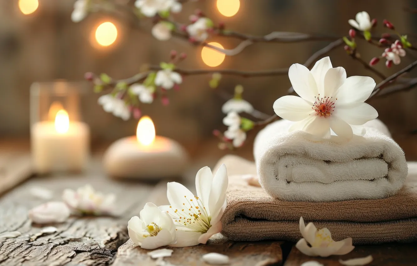 Photo wallpaper flowers, towel, candles, AI art, neural network