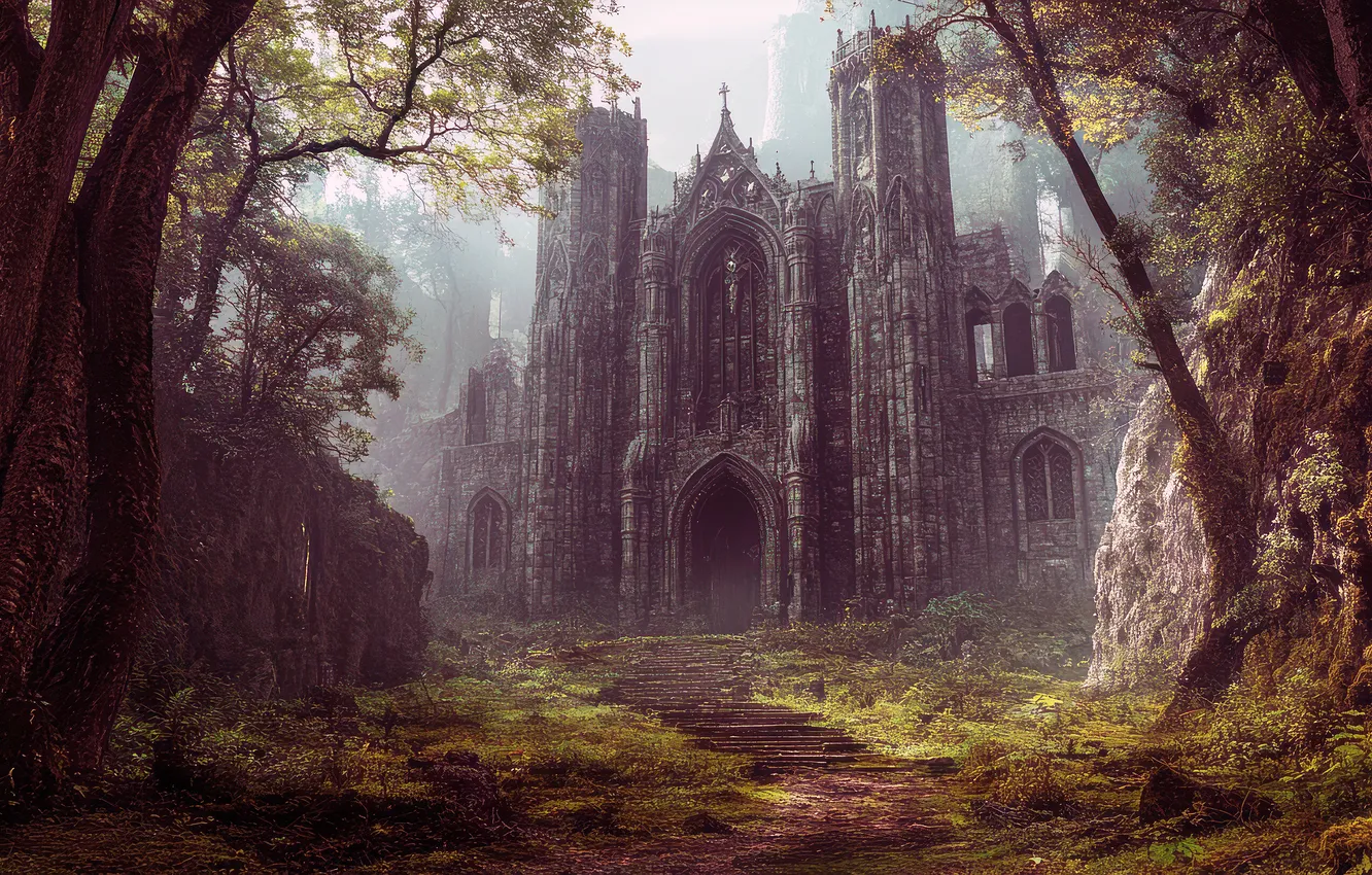 Photo wallpaper forest, light, trees, branches, fog, stones, castle, rocks