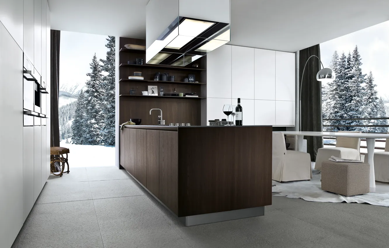 Photo wallpaper snow, design, furniture, tree, interior, kitchen