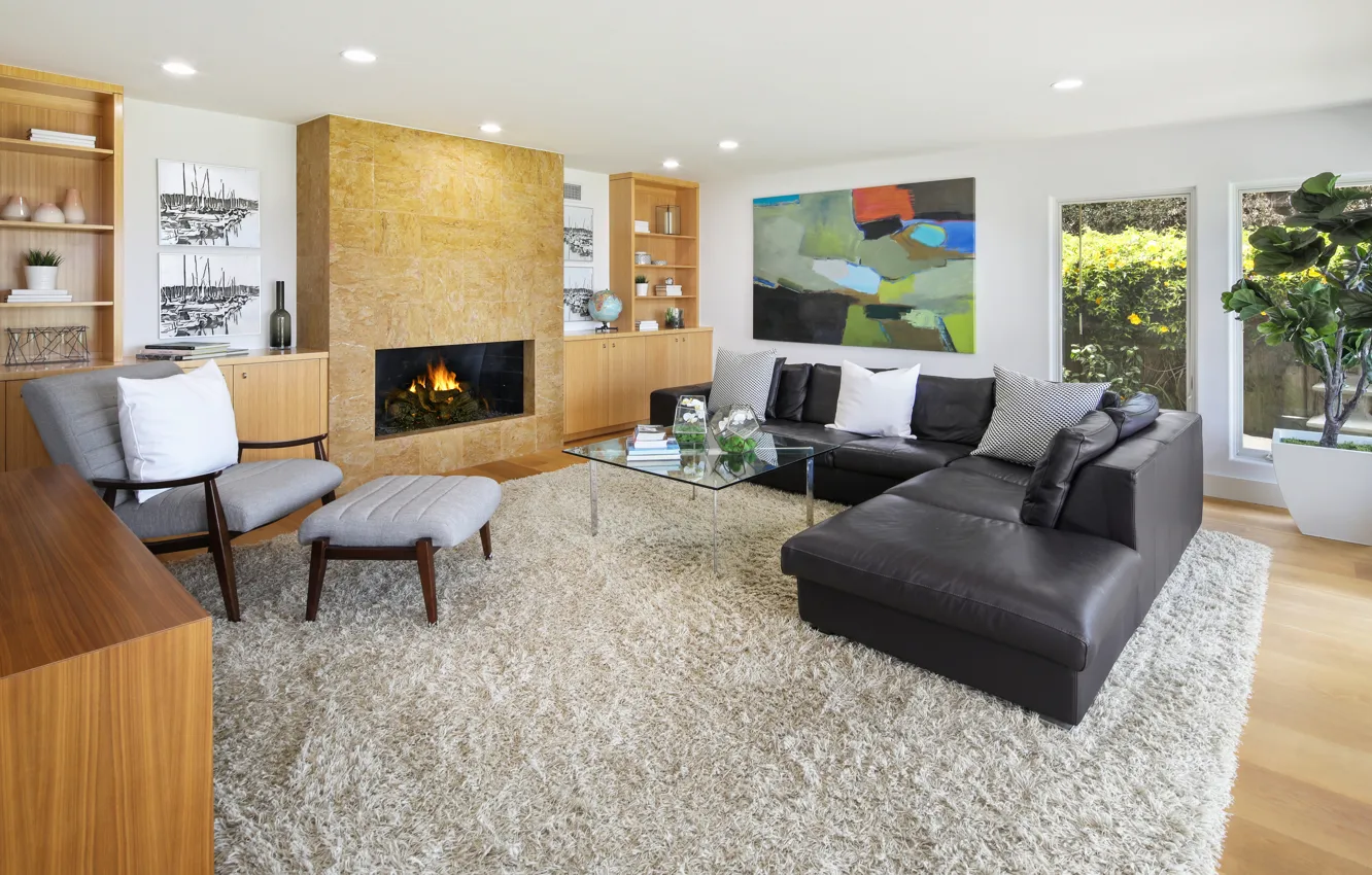 Photo wallpaper design, sofa, carpet, fireplace, Design, living room, Interior, Living