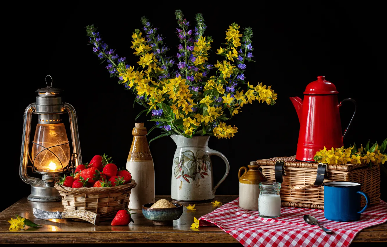 Photo wallpaper flowers, berries, table, lamp, strawberry, mug, pitcher, still life