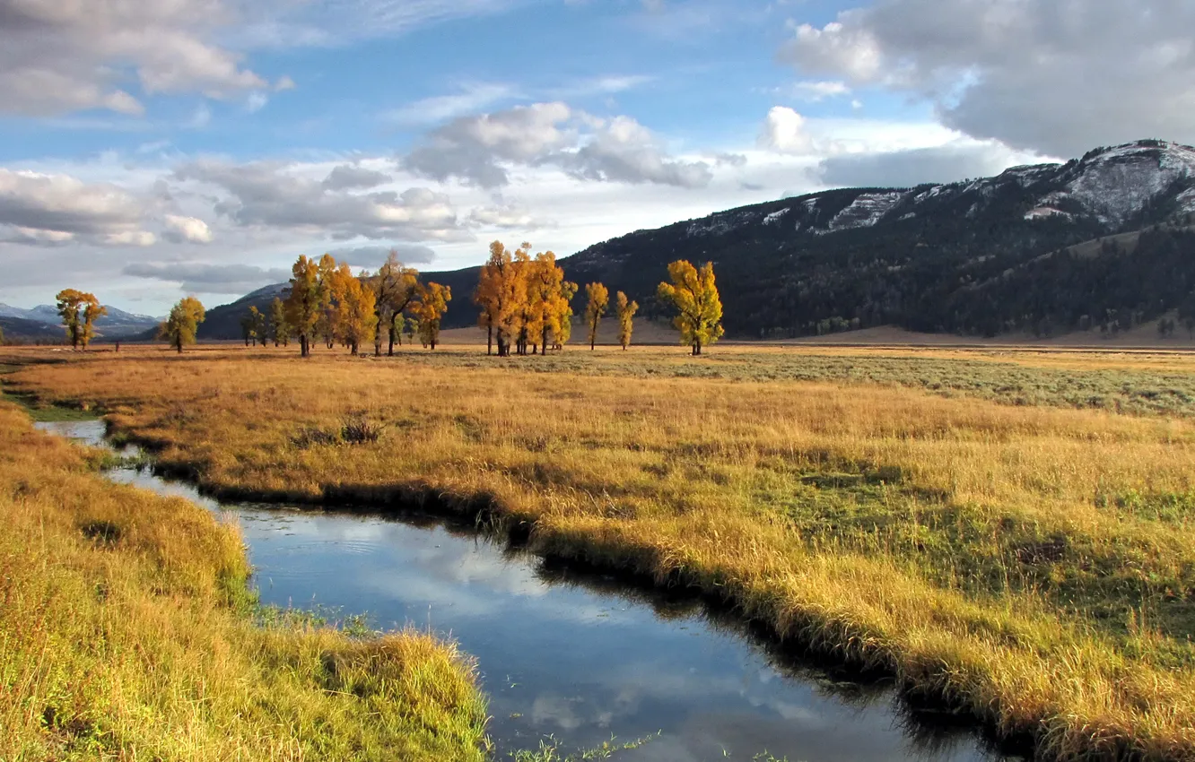 Photo wallpaper autumn, the sky, clouds, trees, mountains, river