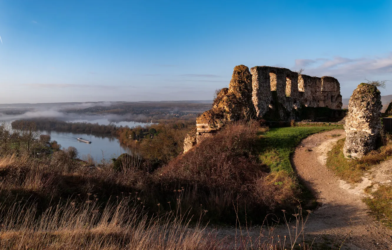 Photo wallpaper road, landscape, nature, ruins, pond