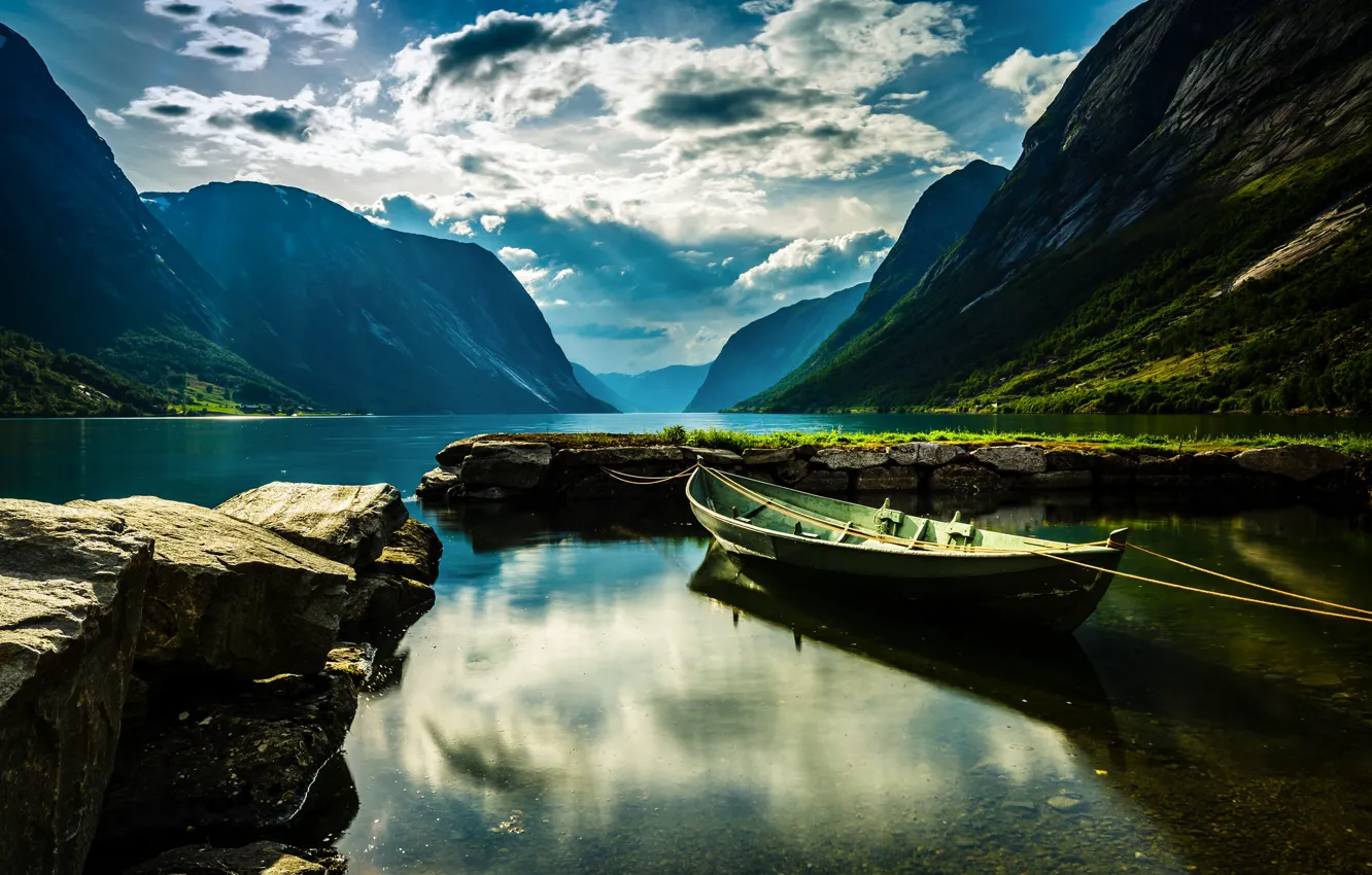 Photo wallpaper the sky, clouds, boat, calm, Norway, Norway, the fjord, Sogn and Fjordane
