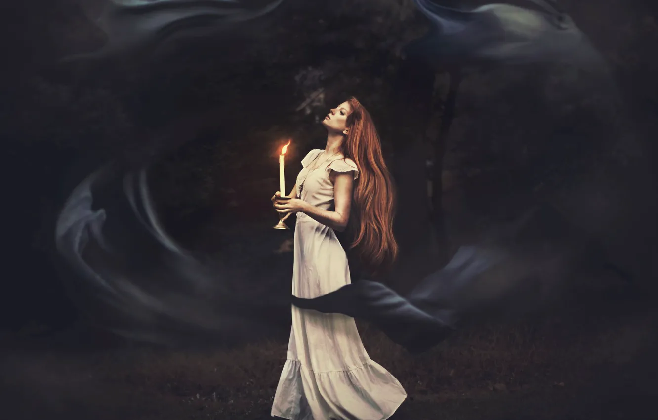 Photo wallpaper look, girl, pose, fire, hair, candle, dress, Shelby Robinson