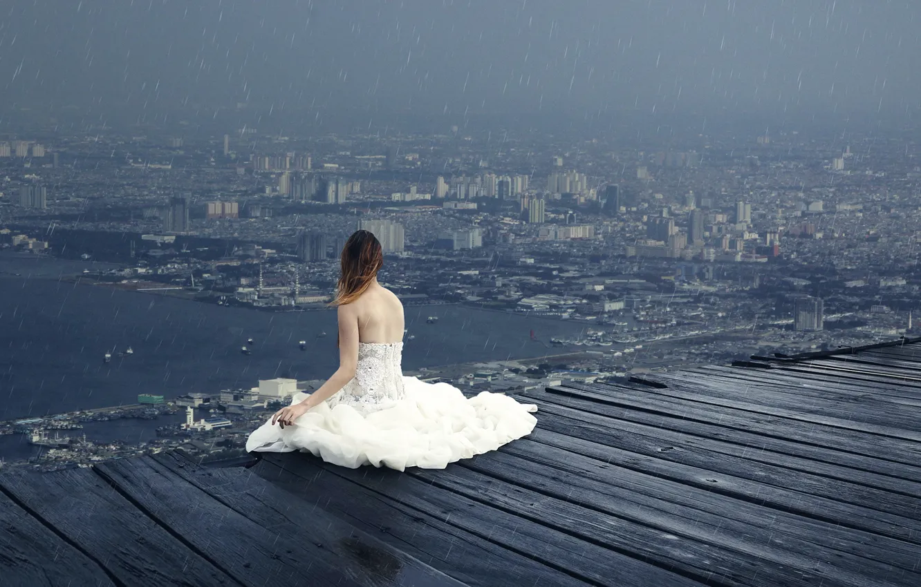 Photo wallpaper girl, drops, the city, rain, view, height, art, Sky Land
