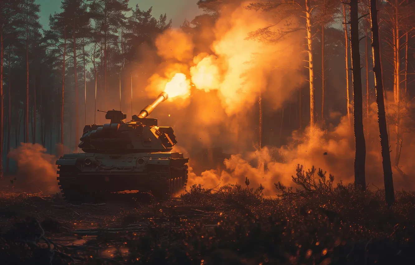 Photo wallpaper forest, trees, the evening, shot, tank, back, digital art, AI art