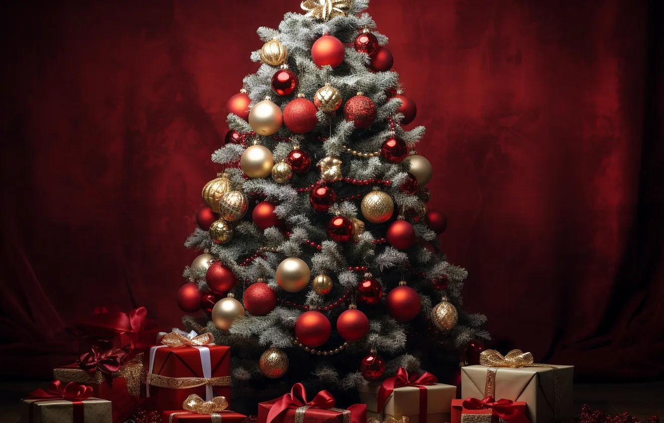 Photo wallpaper decoration, room, gift, balls, tree, new year, interior, Christmas