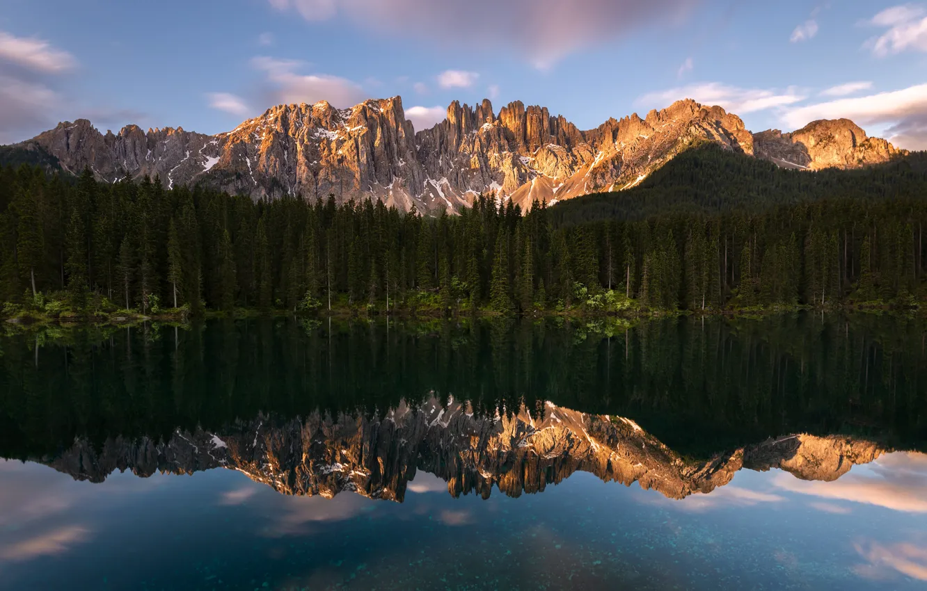 Photo wallpaper forest, mountains, reflection, pond, lake Carezza