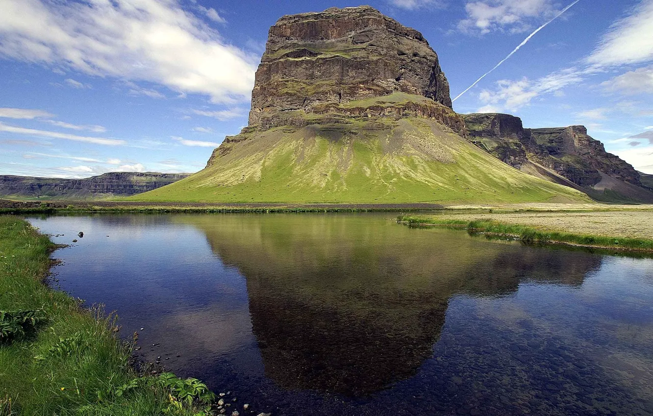 Photo wallpaper grass, sky, landscape, water, cloud, reflect
