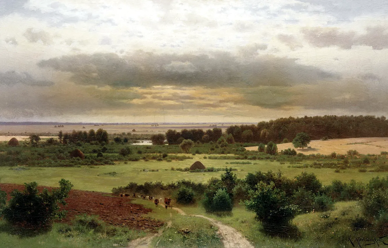 Photo wallpaper road, field, the sky, clouds, trees, landscape, picture, cows