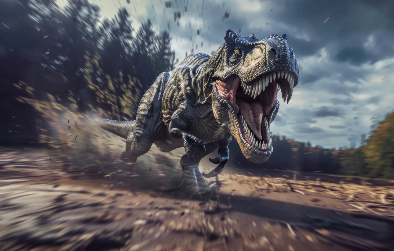 Photo wallpaper face, trees, animal, dinosaur, predator, teeth, running, grin