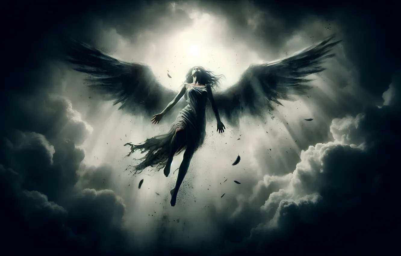 Photo wallpaper girl, light, flight, clouds, wings, angel, Striving for light