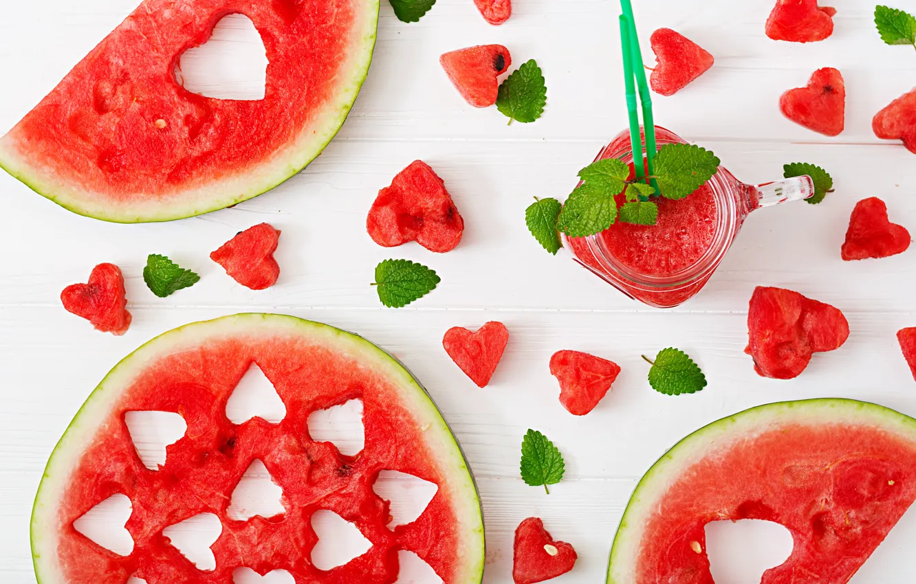 Photo wallpaper berries, watermelon, juice, hearts