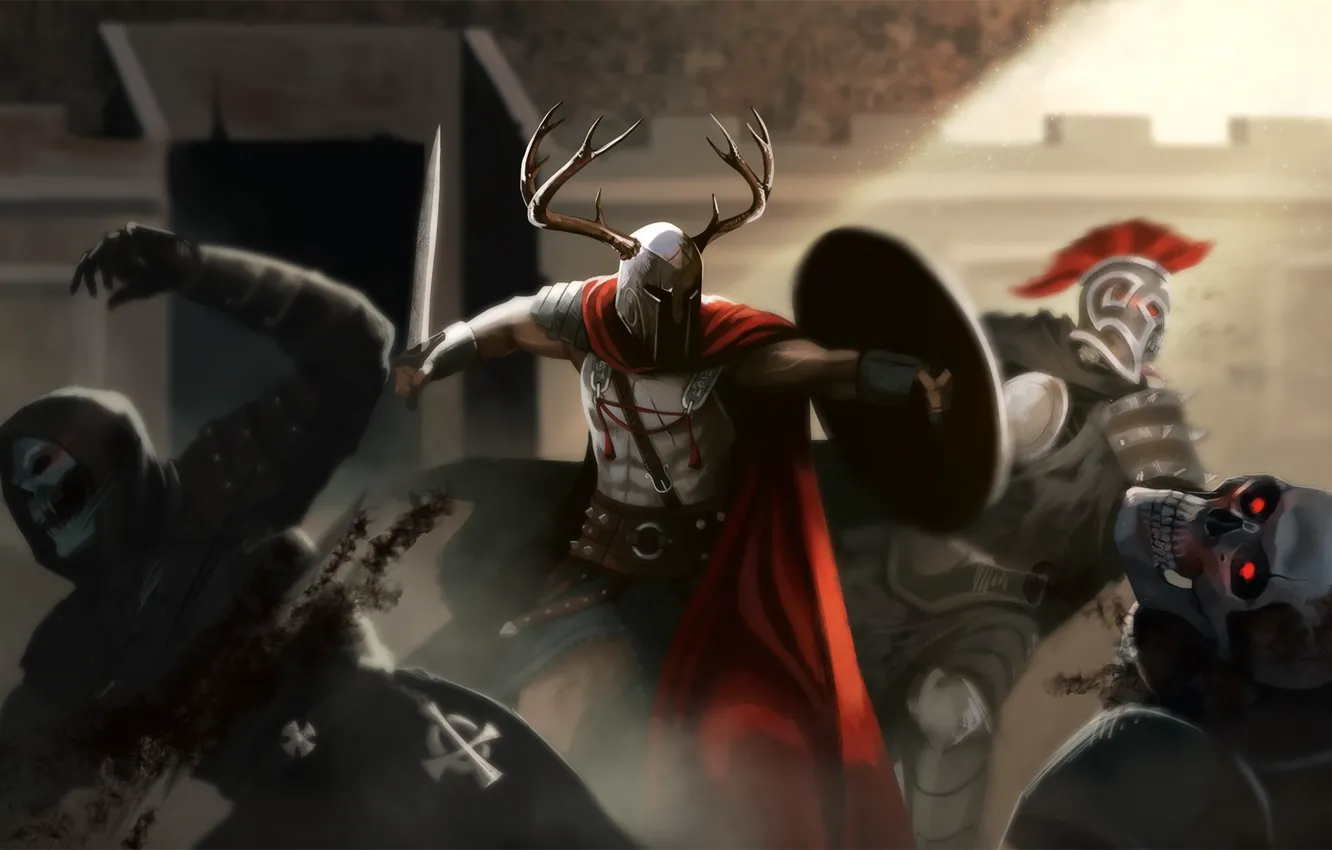 Photo wallpaper weapons, skull, armor, warrior, arena, the audience