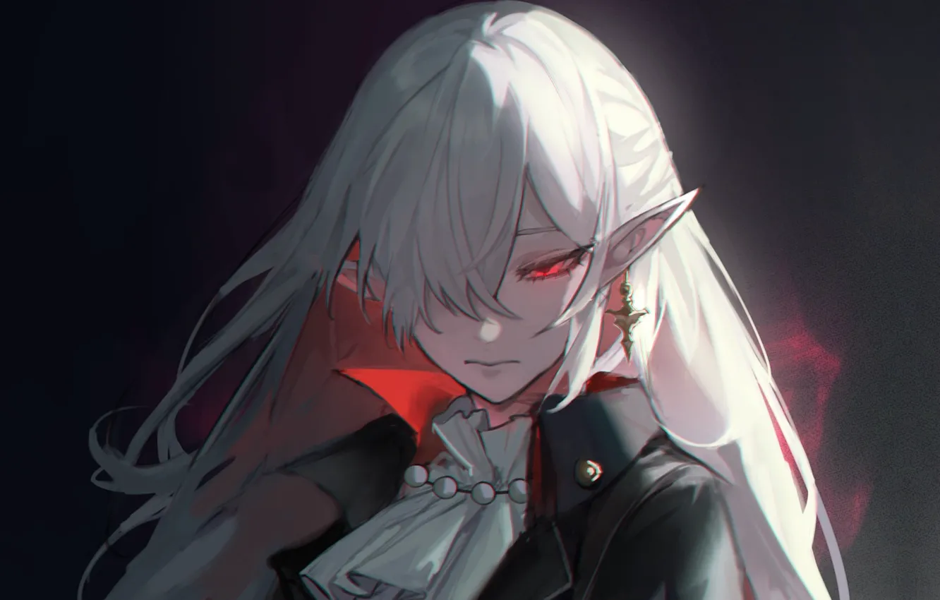 Photo wallpaper red eyes, bloody elf, in the dark, vampire, pointy, a bloody mist, Arknights, Gladiia
