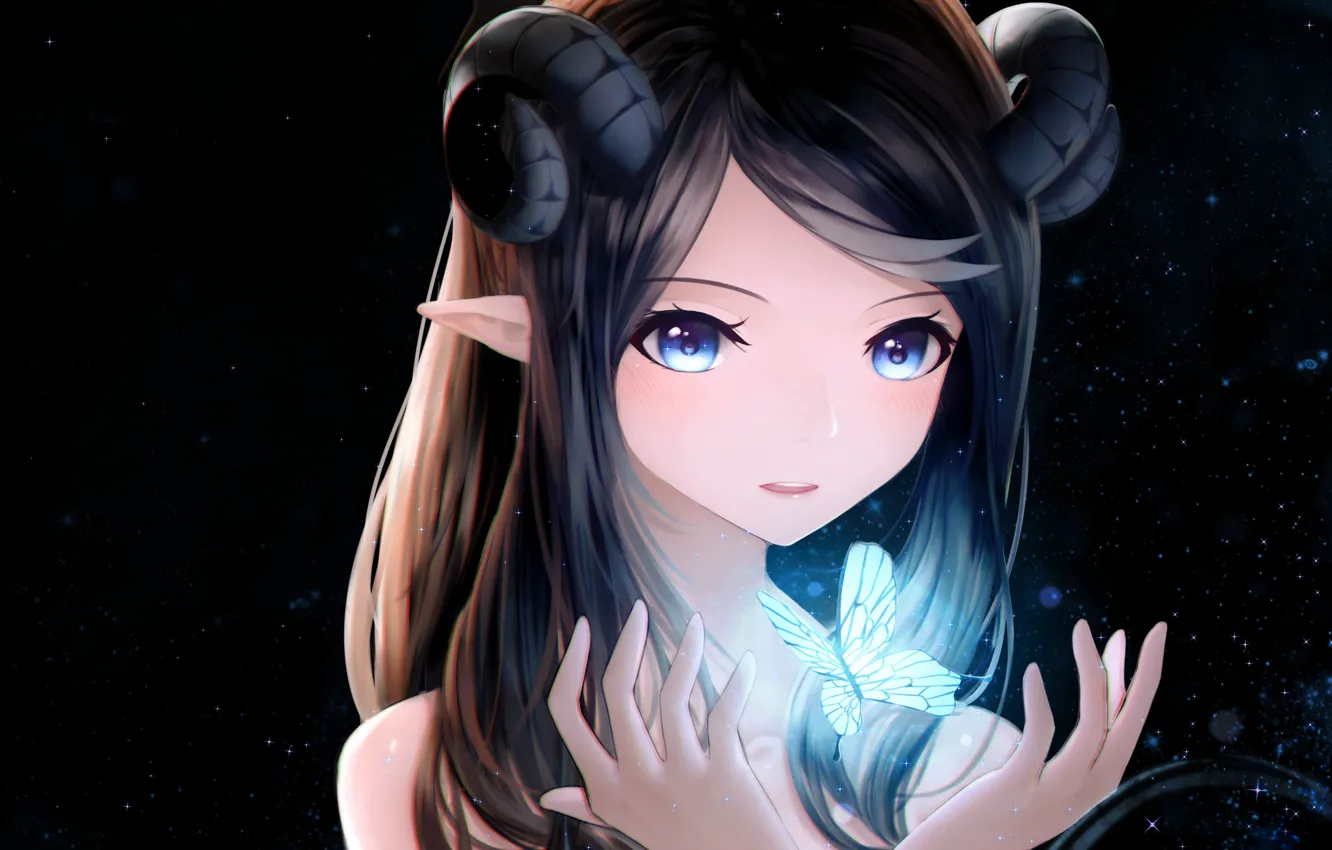 Photo wallpaper girl, butterfly, anime, art, horns, ears, ariini the