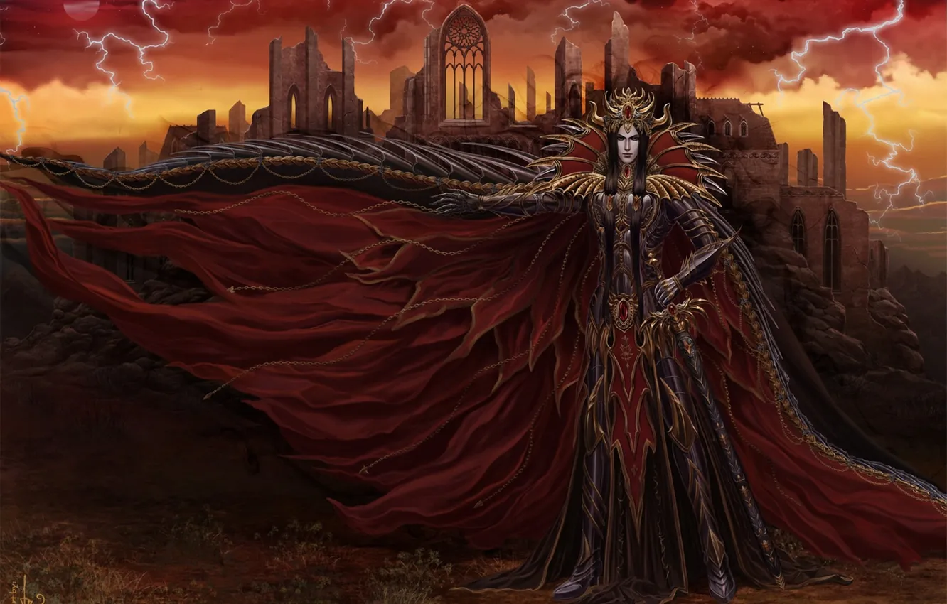 Photo wallpaper lightning, sword, art, armor, ruins, guy, cloak, Dark Lord