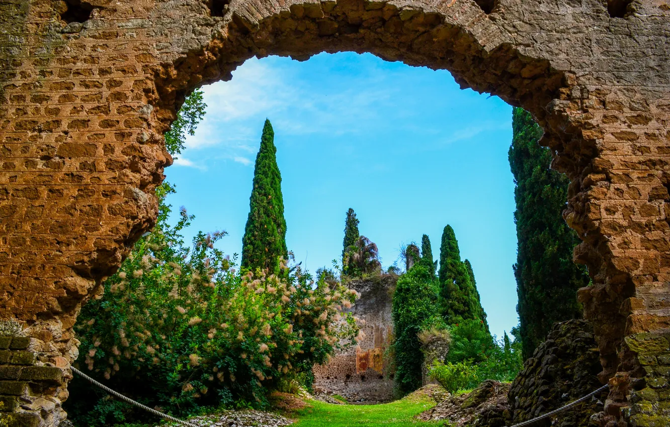 Photo wallpaper trees, wall, garden, Italy, the ruins, arch, the bushes, Garden of Ninfa