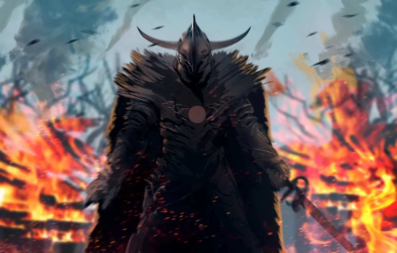 Photo wallpaper lights, sword, warrior, horns, helmet