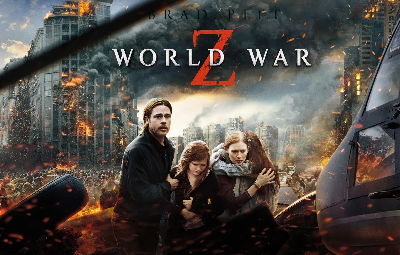 Photo wallpaper the city, lights, zombies, Brad Pitt, Brad Pitt, helicopter, ruins, World war Z
