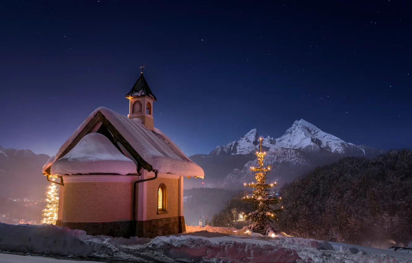 Photo wallpaper winter, night, temple, Bavaria, Berchtesgaden