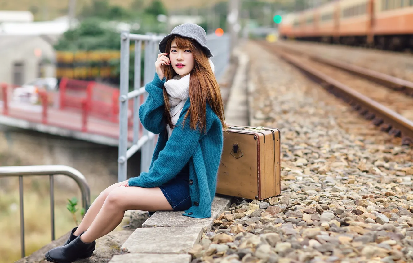 Photo wallpaper girl, station, suitcase, Asian, cutie, bokeh