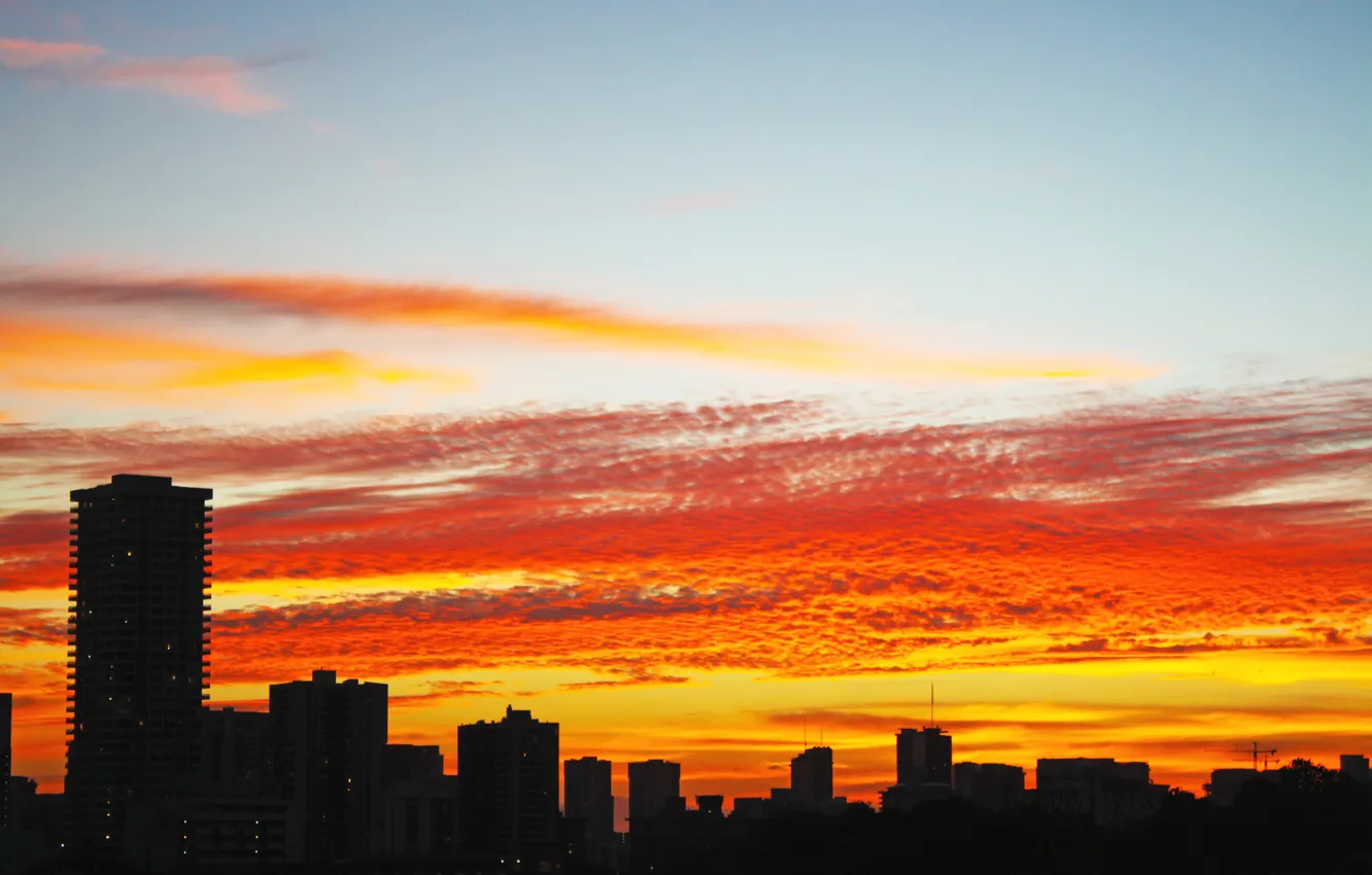Photo wallpaper the sky, clouds, landscape, sunset, city, the city, building, the evening