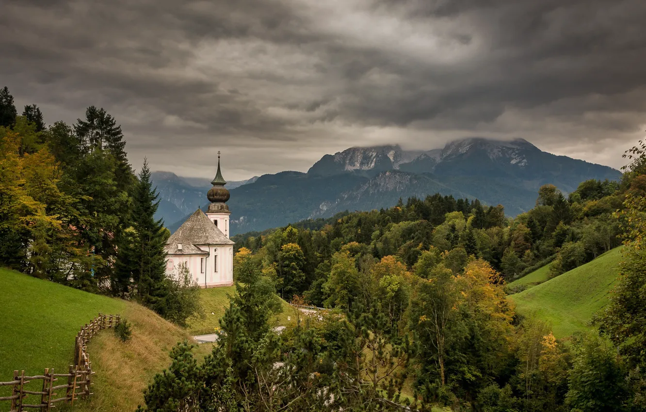 Photo wallpaper mountains, Germany, Bayern, Church of Maria Gern