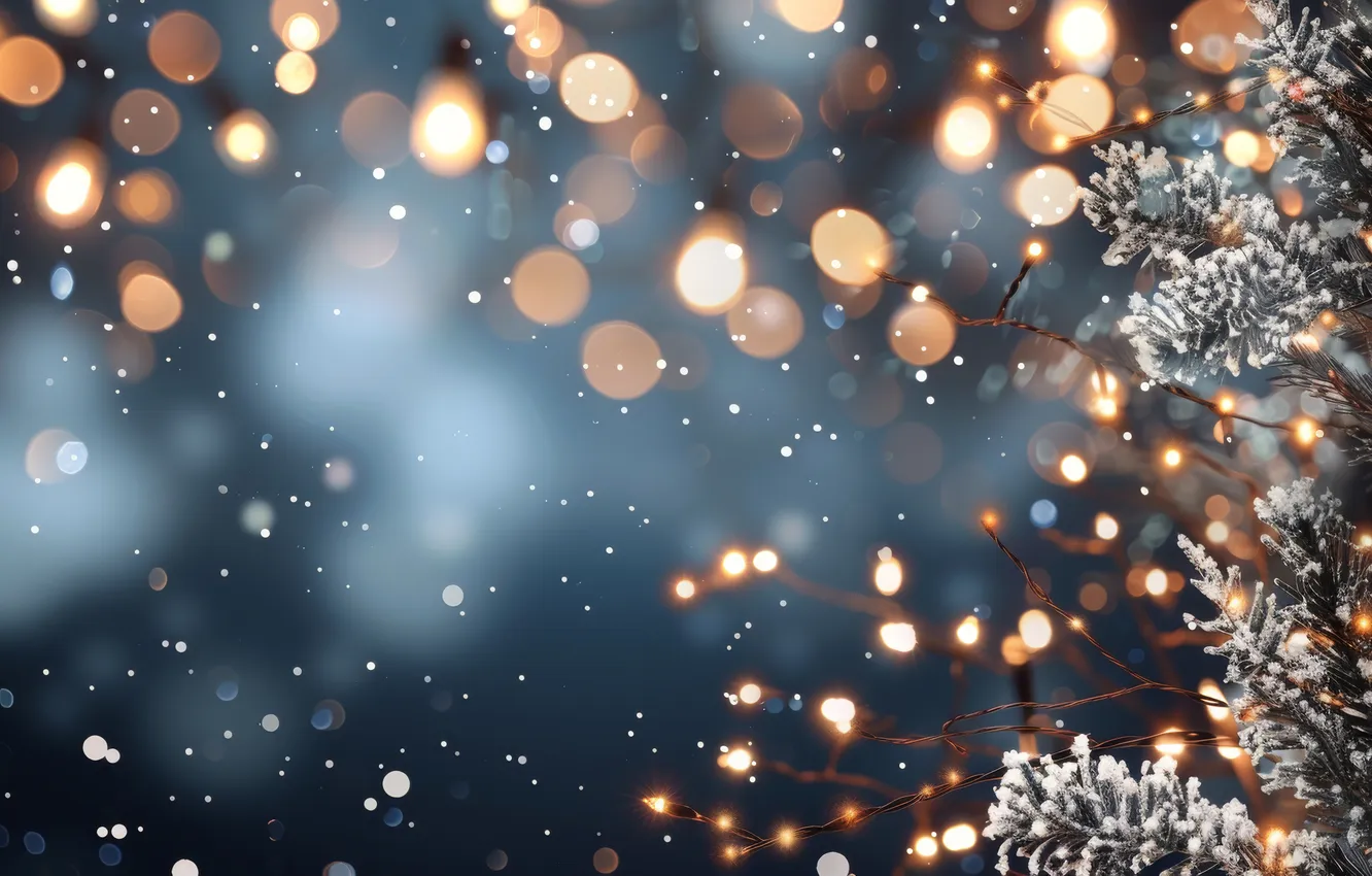 Photo wallpaper winter, frost, light, snow, branches, lights, glare, lights