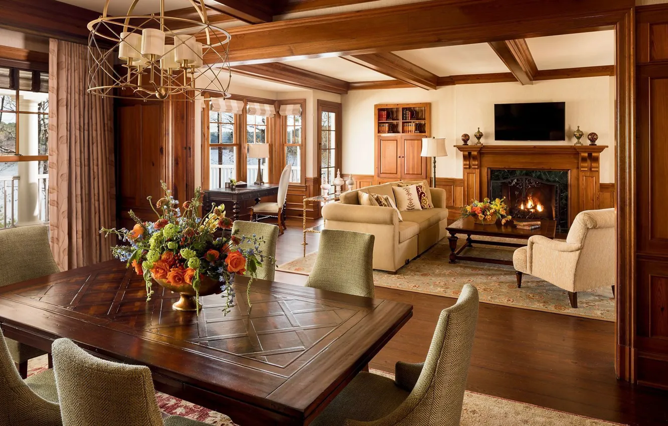 Photo wallpaper interior, fireplace, living room, dining room, English style