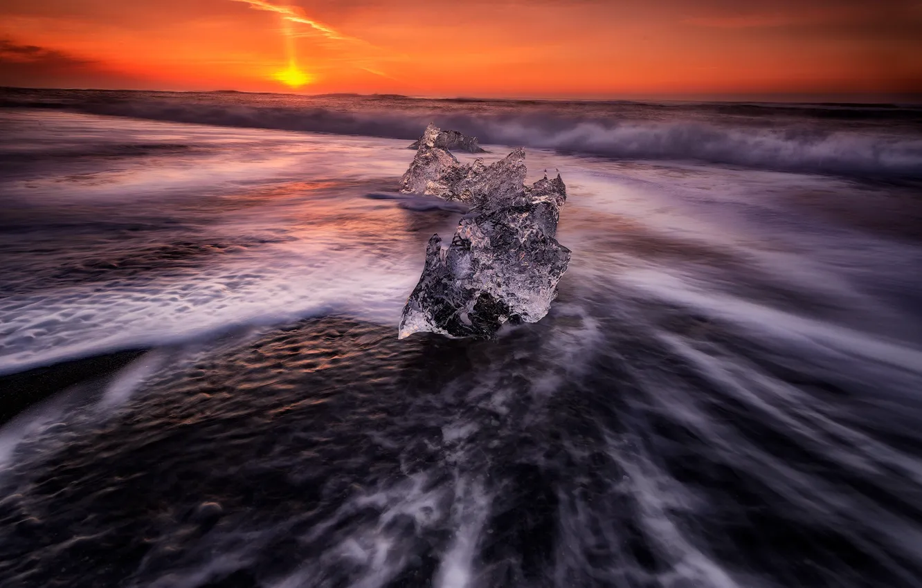 Photo wallpaper ice, sea, wave, the sky, the sun, sunset, orange, shore