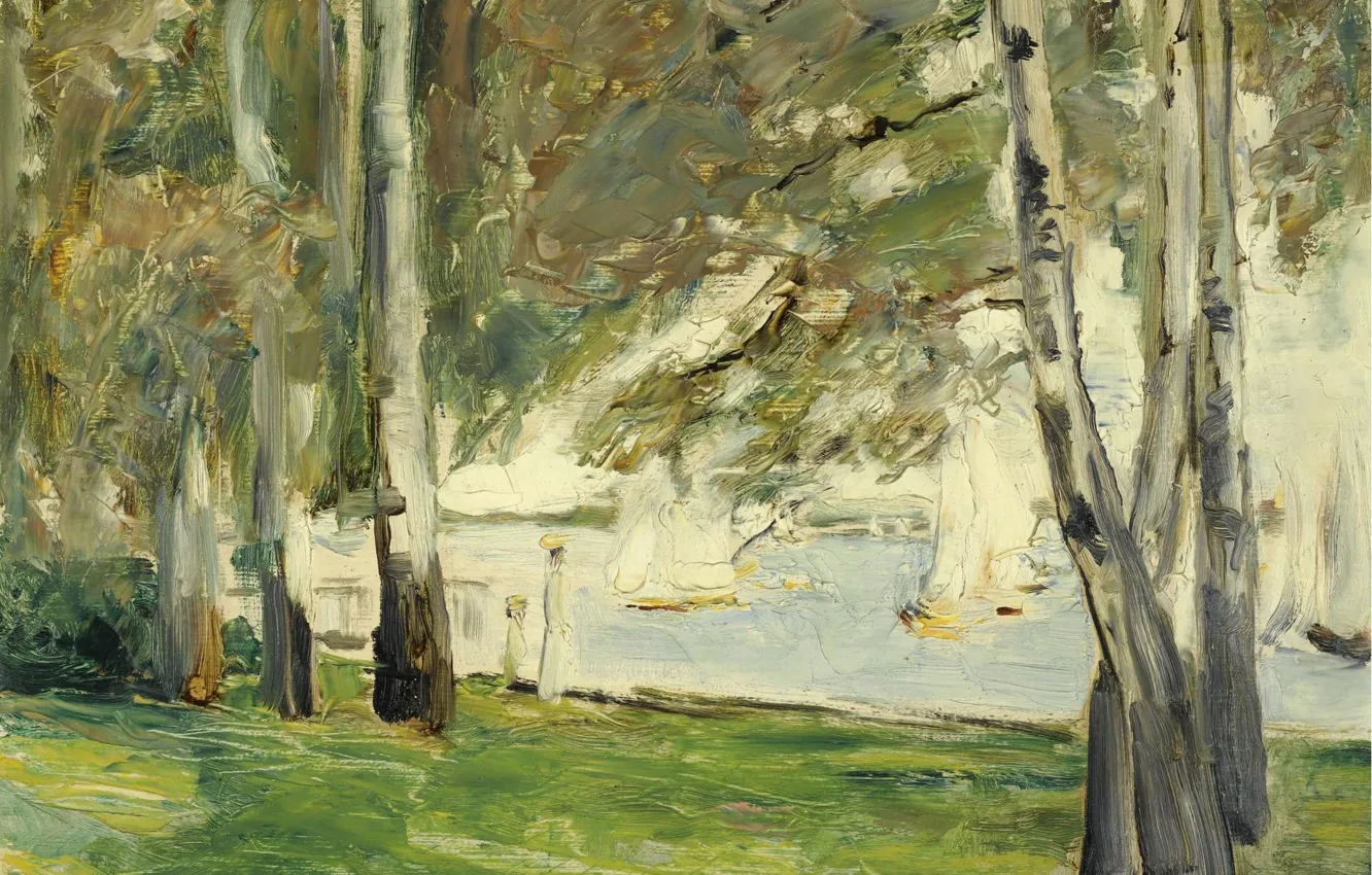 Photo wallpaper landscape, boat, picture, sail, 1924, Max Liebermann, Max Liebermann, Birch trees on the Eastern Shore …