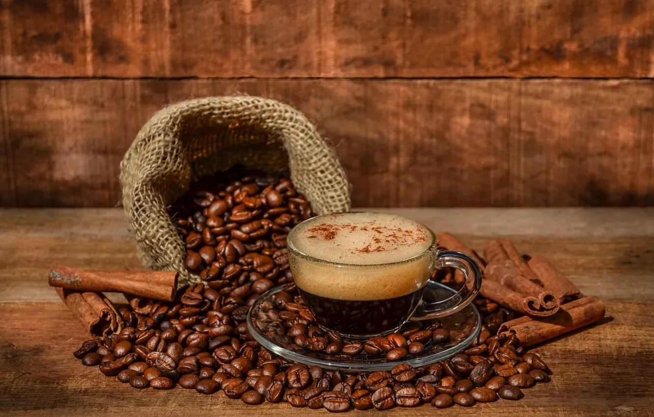 Photo wallpaper coffee, grain, Cup, drink, bag