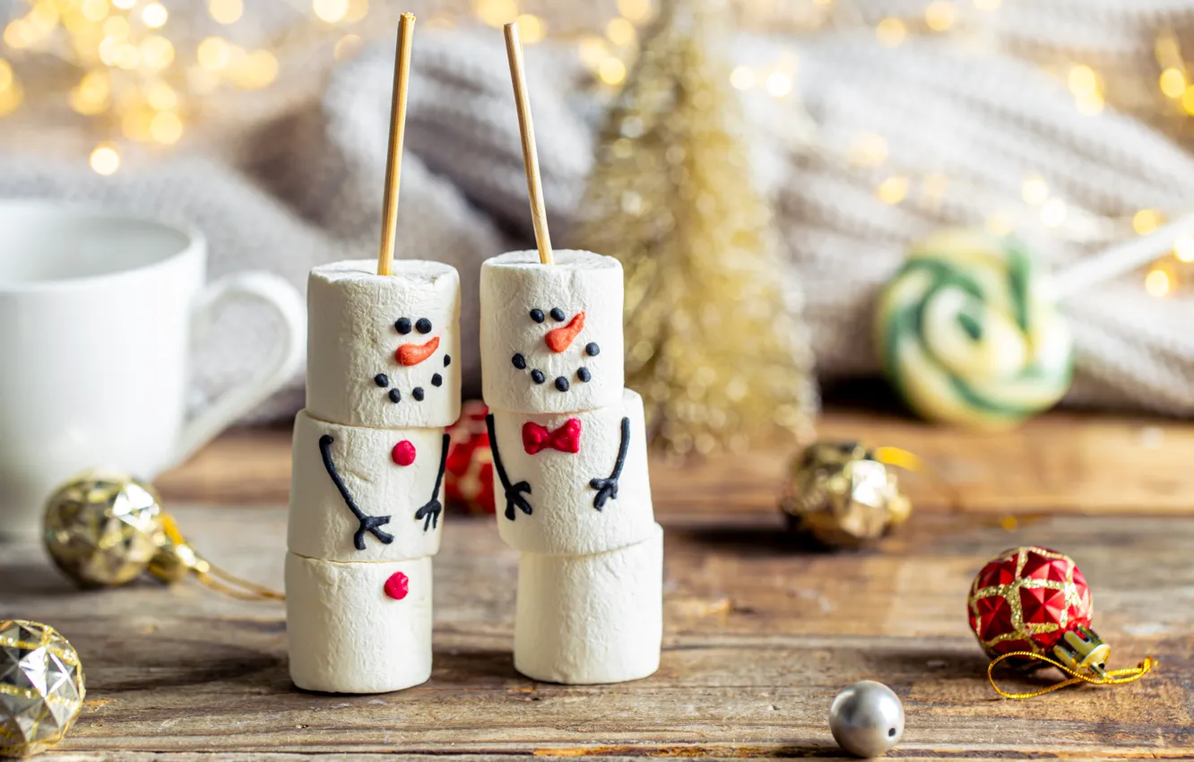 Photo wallpaper new year, Christmas, candy, snowman, a couple, Duo, faces, dessert