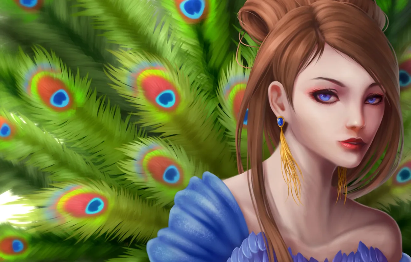 Photo wallpaper girl, hair, peacock