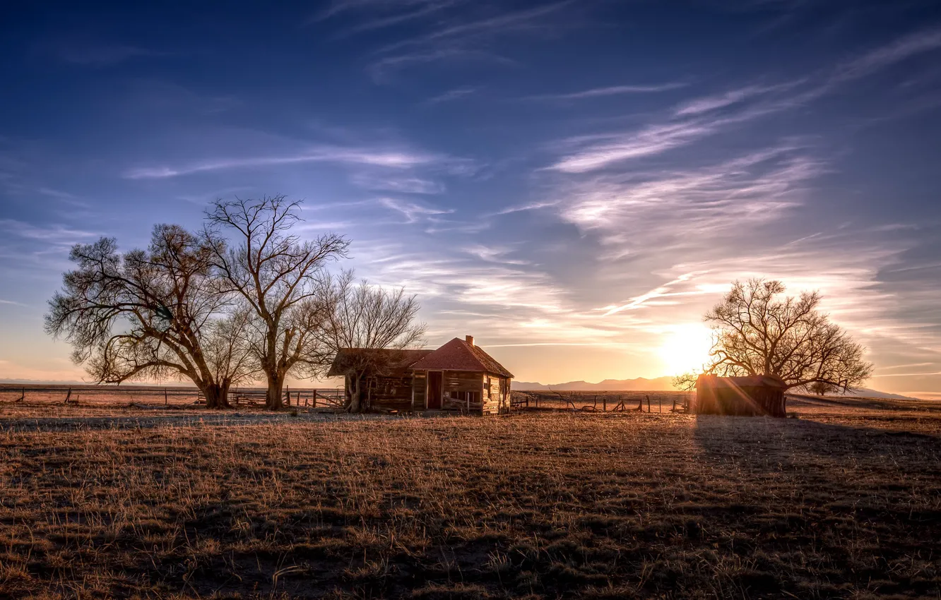 Photo wallpaper field, light, house, morning