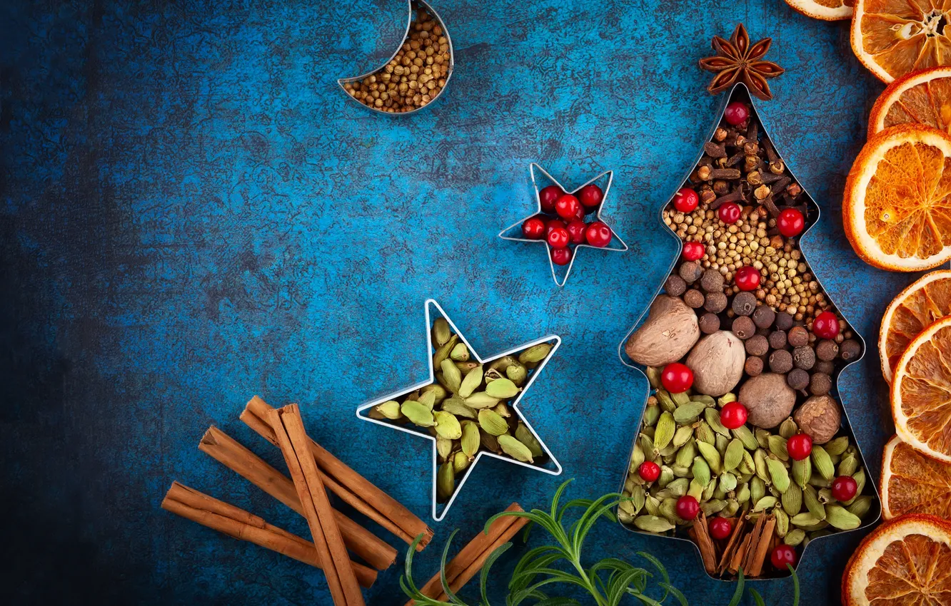 Photo wallpaper holiday, orange, Christmas, New year, nuts, cinnamon, spices