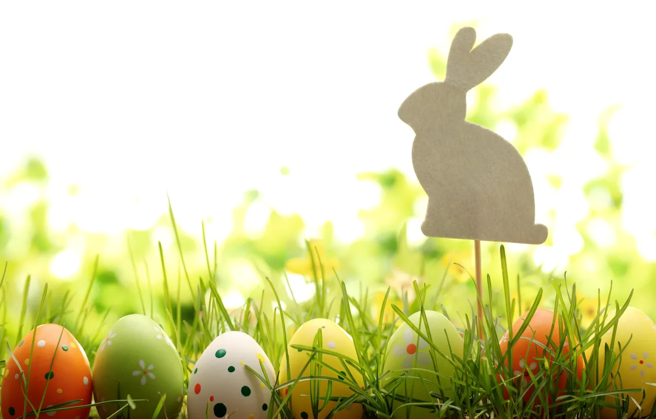 Photo wallpaper grass, nature, holiday, eggs, spring, rabbit, Easter, figure
