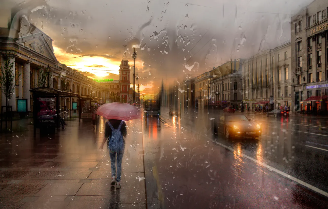 Photo wallpaper girl, rain, umbrella, Saint Petersburg, Nevsky Prospekt