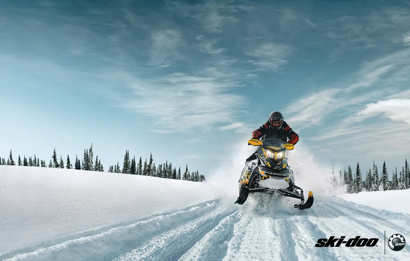 Photo wallpaper forest, snow, yellow, sport, snow, snowmobile, Sport, snowmobile